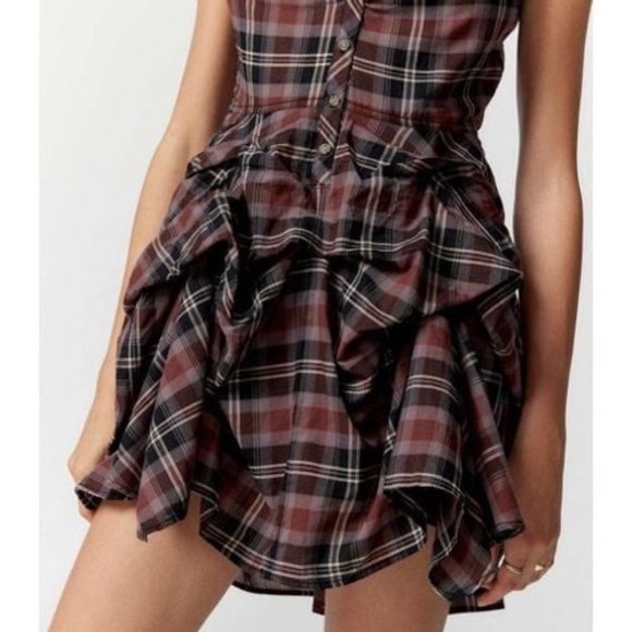 BDG Max Plaid Mini Dress Ruffled Skirt Button Front Short Sleeve Burgundy Size S - Picture 9 of 9